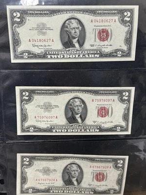 1953 Series $2 Red Seal Legal Tender Set 1953 1953A 1953C Vintage Jefferson - Image 1 of 4