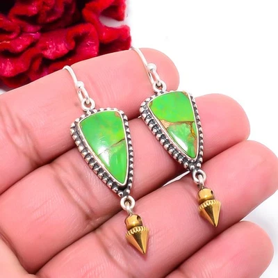 Copper Green Turquoise 925 Sterling Silver Two Tone Arrow Head Earring 2.03" S31 - Image 1 of 4