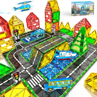 Magnetic Tiles City Road Set Kids Toys for 3 Year Old Boys Girls Magnetic Buildi - Image 1 of 4