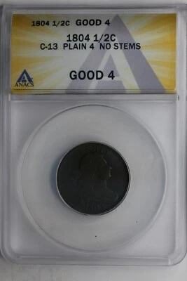 MONEDAS COLONIALES 1804 .005 ANACS C-13 LISAS 4 SIN TALLOS 1/2C 1700S Foto 1 de 2