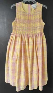 Girl's Size 14 Sweet Heart Rose Yellow Peach Pink Plaid Smocked Sleeveless Dress - Picture 1 of 4