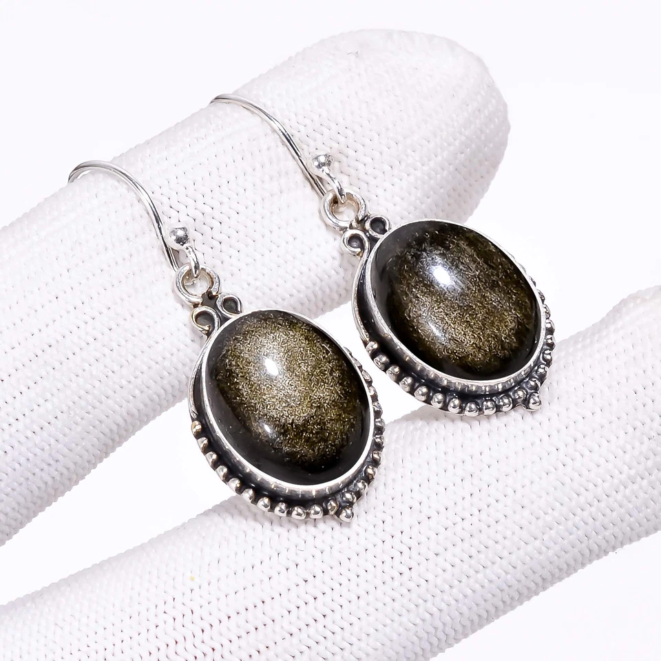 Golden Sheen Obsidian Gemstone Solid 925 Sterling Silver Handamde Earring V228 - Imagem 1 de 4