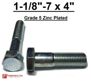 1-1/8"-7 x 4" (PT) Hex Bolt Zinc Plated Grade 5 Cap Screw Coarse Thread - Picture 1 of 8