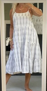 Dress Jen’s Private Booty Midi Dress Medium Cotton White Black lines VGC - Picture 1 of 10