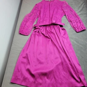 Vintage Herman Marcus Dallas Fuchsia Lace & Satin Belted Dress - Picture 1 of 10