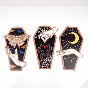 Halloween Wall Hanging Wood Art Witch Moth Moon Spider Black Widow Decorations - Picture 1 of 9