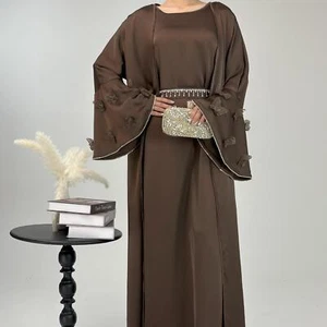 Evening Party Open Kaftan Abaya Women Long Dress Set Muslim Kimono Party Robe - Foto 1 di 15