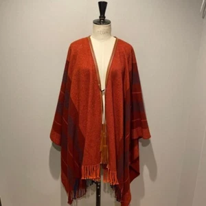 HERMES Rocabar Merino Wool Poncho Fringed Shawl Leather Tassles Auth - Picture 1 of 8