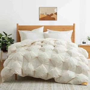 PUREDOWN 90% Goose Down Fill Puff Comforter , 100% Organic Cotton Shell Beige - Picture 1 of 5