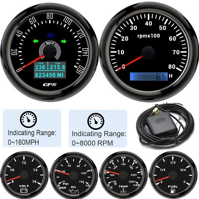 6 Gauge Set 85mm GPS Speedo&Tacho&52mm Fuel Level Water Temp Oil Pressure Volt - Image 1 of 4
