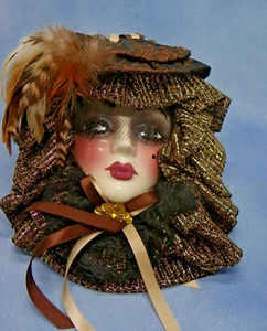 Ceramic Wall Mask Venetian Carnival Style Glittery Fabric Feathers & Mesh Signed - Picture 1 of 6