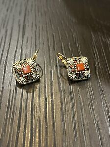 Signed Michal Golan Square Silver Tone Red/Stone Leaf Earrings