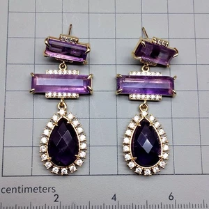 Natural Amethyst Earrings Teardrop Drop Stud Earrings Cz Pave Jewelry - Picture 1 of 7