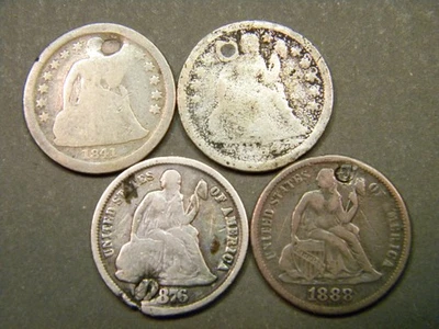 LAST CHANCE Four (4) Different Holed and Plugged U.S. Liberty Seated Dimes Coins - Image 1 of 2