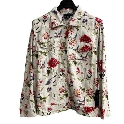Tahari Jacket Womens 2X White Floral Birds Shacket Linen Blend Blazer Office - Image 1 of 4
