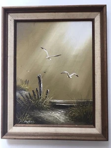 Pintura al óleo original de P. Sanall. Años 60’s, 70’s Vintage. Gaviotas junto al mar. - Imagen 1 de 7