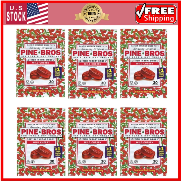 Gotas de garganta blandas Pine Bros tamaño valor cereza silvestre -- 30 gotas (paquete de 6) Foto 1 de 4