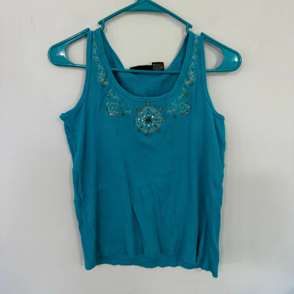 Relativity Green Blue Embroidered Beaded Neckline Tank Top Size Large Sleeveless - Image 1 of 4