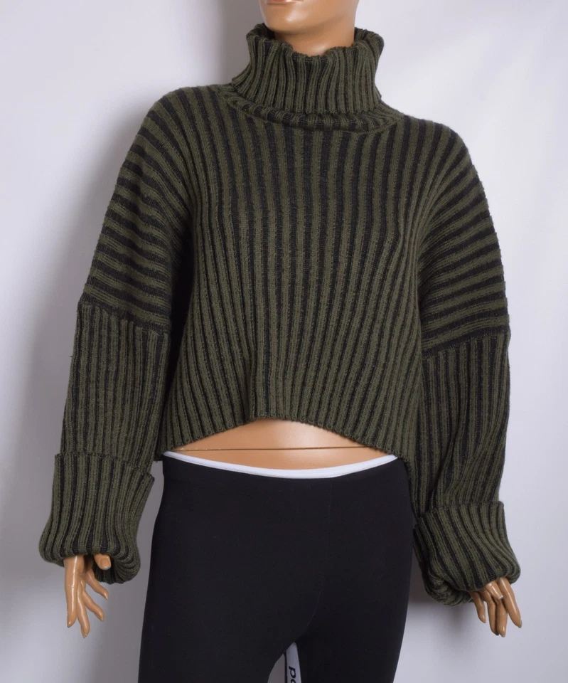 Balmain Women Green Sweater Wool Blend Striped Turtleneck Cropped Pullover Sz L - Image 1 of 4