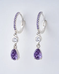 Pendiente de diamantes de amatista natural talla pera de 6,00 quilates de oro blanco macizo de 14 quilates - Imagen 1 de 6