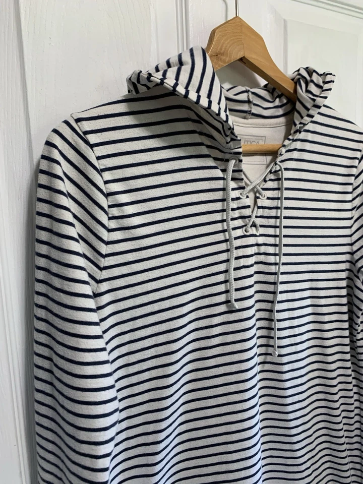 Vestido NAUTICA XL Manga Larga Cuello en V Azul Marino y Beige Rayas Playa Cubierta Capucha Foto 1 de 4