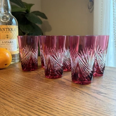 Antiguo juego de 6 vasos de jugo de cristal de plomo rojo rubí corte a transparente años 1900 Foto 1 de 2