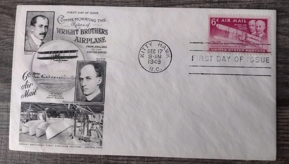 1949 Wright Brothers Airplane First Day Of Issue Cover & 6 Cent Airmail Stamp.  - Image 1 of 1