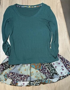 Anthropologie Little Yellow Button Green Knit Pullover Mixed Media Satin Top XS - Picture 1 of 1