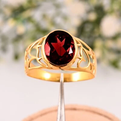 Granada feita à mão para anel vermelho natural masculino ouro amarelo sólido 14K presente de casamento. - Imagem 1 de 3