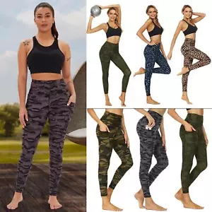 Women  Yoga Leggings High Waisted Plain and Printed Gym Fitness Pocket Leggings - Picture 1 of 63