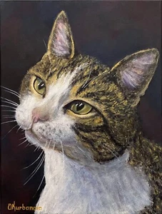 Cat Original Acrylic Painting Pet Kitten Portrait Animal Wall Art 9"x12" - Picture 1 of 11