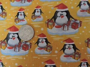 100% Cotton Fabric - Adorable Penguins On Golden Rod Background- By The Yard - Picture 1 of 3
