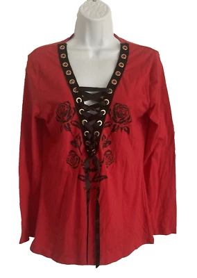 Camisa feminina DEMI LOON 1X vermelha preta rosas manga longa espartilho top motociclista grunge nova com etiquetas - Imagem 1 de 4