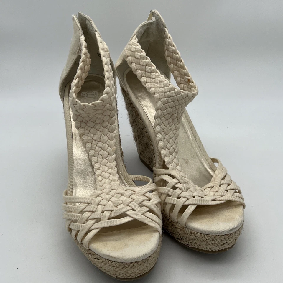 Alpargata de cuña beige Brash punta abierta tacones tejidos para mujer TALLA 7,5 cremallera trasera Foto 1 de 4