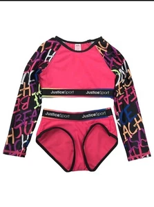 Justice Girls 2pc Swim Suit Pink Grafiti Print Rash Guard & Briefs Set - Picture 1 of 2