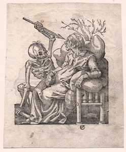 um 1590 Tobias Stimmer Deutscher Holzschnitt Tod & eine alte Frau & Reiteradliger - Bild 1 von 4