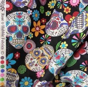 SUGAR SKULLS 100% Cotton Poplin Dress Fabric Gothic Bridal Wedding 112cm BLACK - Picture 1 of 5