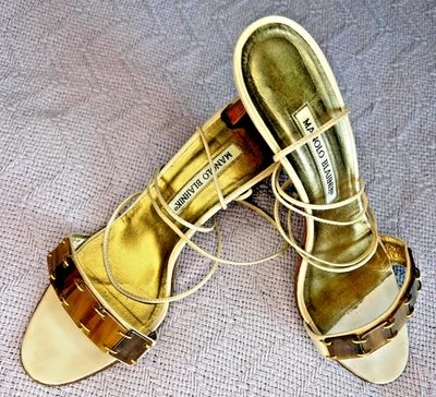 Vtg Manolo Blahnik Strappy Sandals 38/US 7.5 Beige Gold Wrap Heel Italy Designer - Image 1 of 4