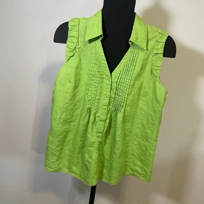 Túnica Richard Malcolm Talla Grande 100% LINO Verde Sin Mangas Cuello Abotonable Foto 1 de 4