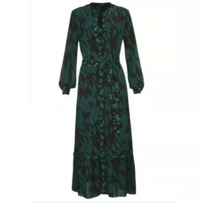 Cabi Teal Black Leaf Print Long Sleeve Button Front Autumn Maxi Dress Sz M - Image 1 of 4
