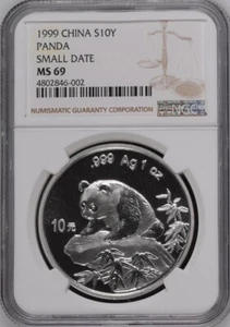 NGC MS69 1999 China Panda 1oz Silver Coin Small Date - Picture 1 of 2