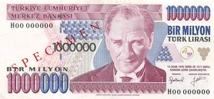 Turkey  1,000,000  Lira  ND. 1995  Specimen  Series  H   Circulated Banknote X41 - Picture 1 of 2