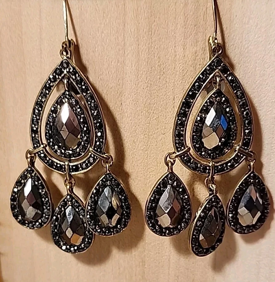 Avon Embellished Hematite Colored Chandelier Clip Earrings  - Image 1 of 4