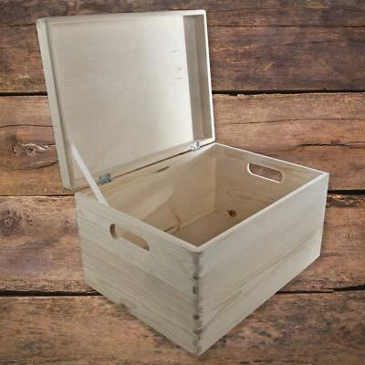 Large+ Unpainted Wooden Storage Box 40 x 30 x 24 cm | Cut-out Handles Hinged Lid - Image 1 of 4
