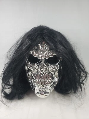 Plastic Silver / Chrome Mask, Spooky Skull, Metallic Silver With Fake Hair - Image 1 of 4