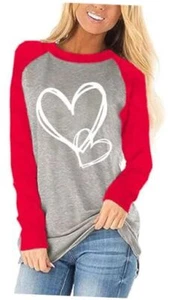 Womens Love Heart Raglans T-Shirts Casual Long Sleeve Large 1012-red 4 - Picture 1 of 2