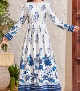 Teen Girls' Woven Bohemian Beautifull Style Floral Printed Dress White And Blue - Picture 1 of 7