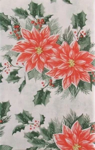 Holiday Poinsettias and Holly with Red Berries Vinyl Tablecloth Var Sizes - Picture 1 of 5