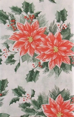Holiday Poinsettias and Holly with Red Berries Vinyl Tablecloth Var Sizes - Image 1 of 4