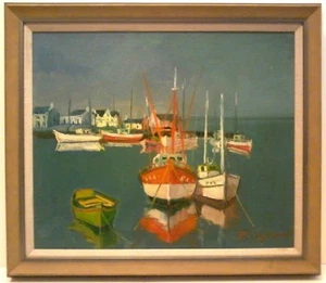 1970's Listed French Artist R.G. EYBRARD SIGNED ORIGINAL O/C HARBOR SCENE FRANCE - Picture 1 of 10